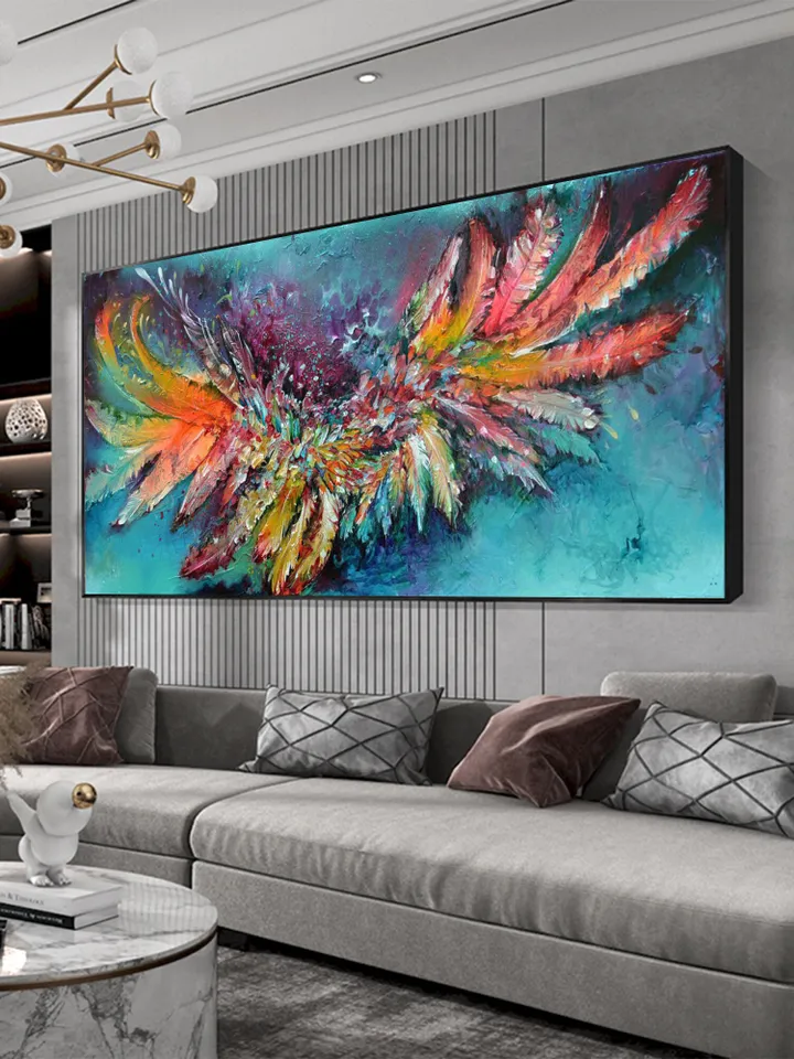 Original Painting On Cnavas, Abstract Colorful Feathers Painting, Boho Wall Decor, Large Wall Art, Modern Art, Office Living room Wall Decor