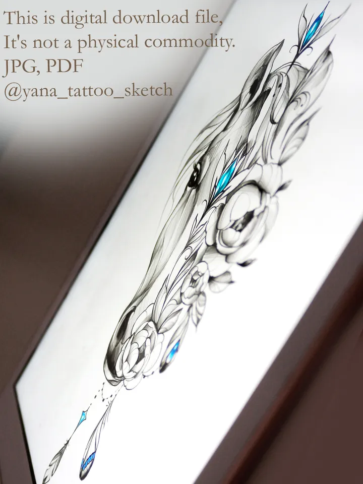 Horse Tattoo Design Horse Tattoo Idea For Females Horse Flowers Tattoo Stencil Sketch, Instant download PDF, JPG