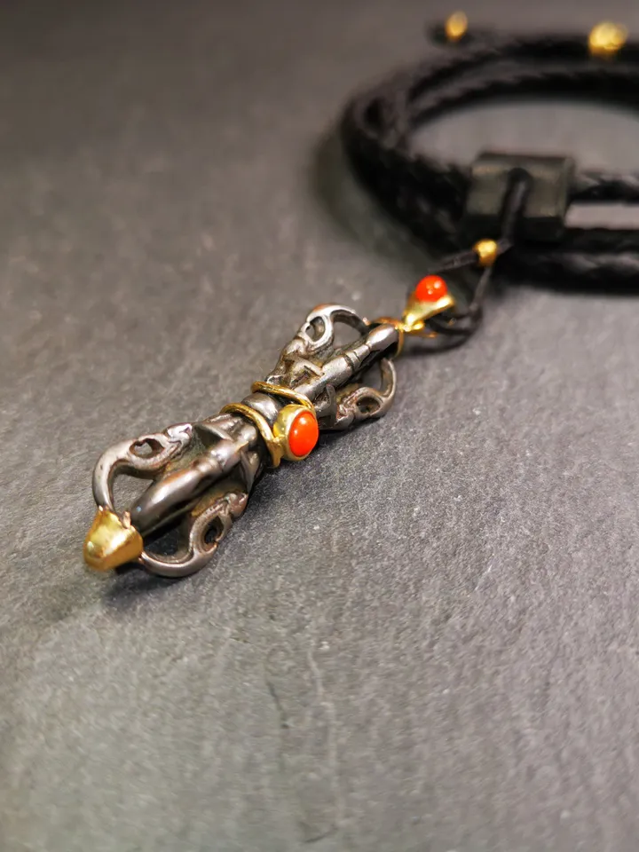 Gandhanra Tibetan Buddhist Amulet,Five-pronged Dorje Vajra Pendant with Leather Chord,Made of Cold Iron,1.77&quot;