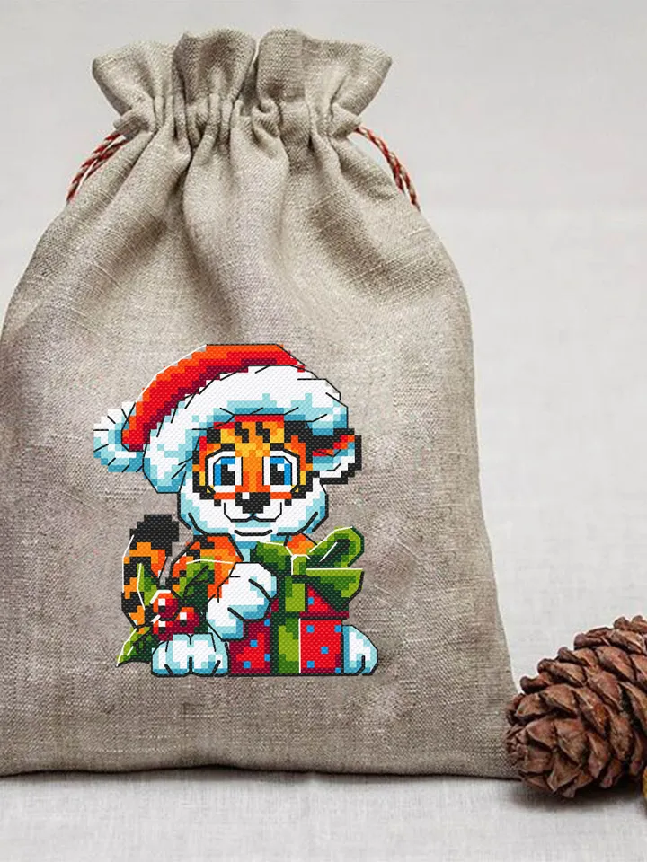 Cute Christmas tiger cross stitch pattern download PDF Small Christmas pattern digital Quick cross stitch chart Baby animal embroidery #N28
