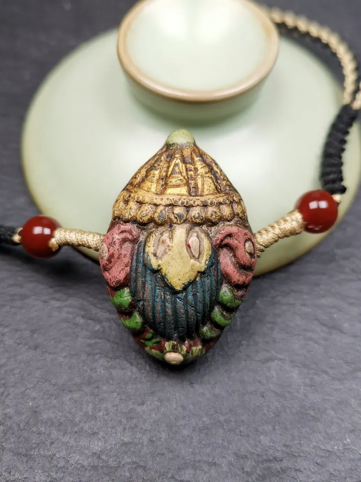 Gandhanra Old Tibetan Stupa Tsa Tsa Amulet, Double-sided Vajra and Bodhi Leaf Shape Pendant,30 Years Old