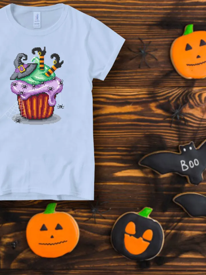 Halloween cupcake cross stitch pattern download PDF Witch cross stitch Dessert Beginner stitch Cute Halloween embroidery Sweet food #H15