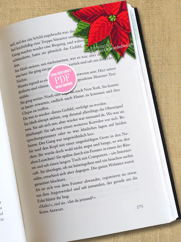 Poinsettia Corner bookmark cross stitch pattern PDF download Christmas flower cross stitch chart, Christmas bookmark pattern digital #B392