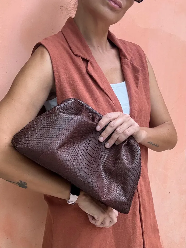 Genuine python skin brown pouch bag | exotic leather bags | medium size soft clutch | snake designer bag | gift for her | classy purse