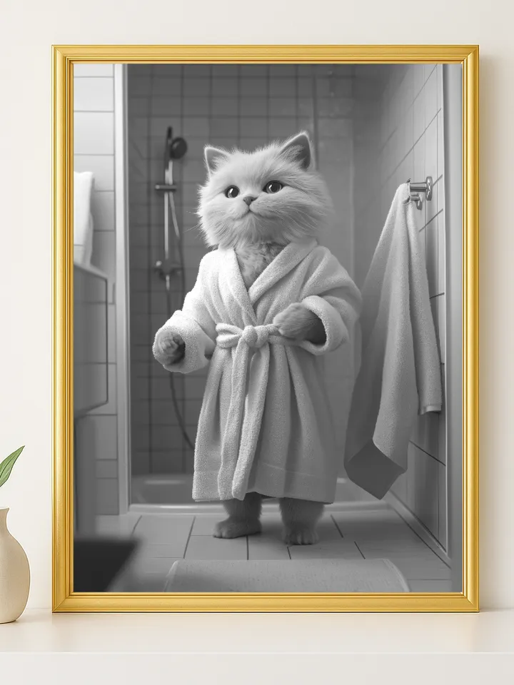 Cute Persian Cat Bathroom Wall Art, Funny Fluffy Kitty in Bathrobe Print, Humorous Spa Decor Digital Download