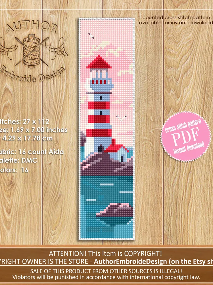 Bookmark cross stitch pattern digital PDF Michigan lighthouse cross stitch Handmade bookmark embroidery beginners Instant download #B11