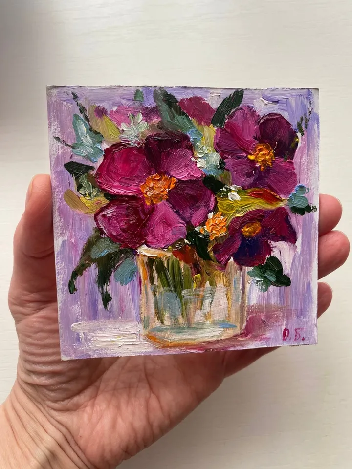 Mini oil painting "Pansies" impasto - a unique gift