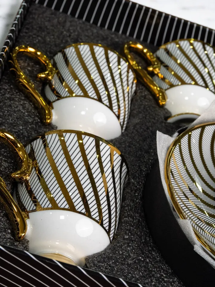 14K Genuine Gold Powder Porcelain Tea Cups And Saucers | Tea Cups Saucers Set | Gold Porcelain Set | Elegant Teaware | Gift For Tea Lovers