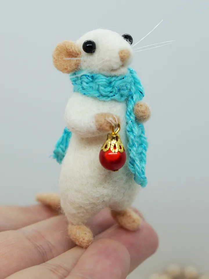 William the mouse, miniature needle felted mouse in a blue scarf, Christmas gift, made to order
