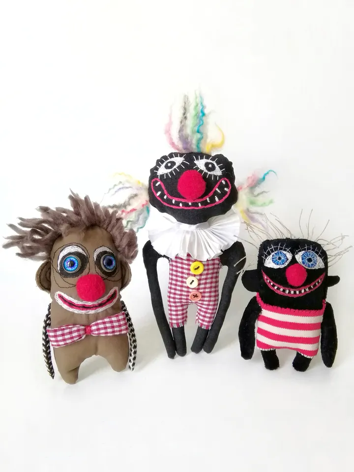 Handmade Artistic Clowns, Stuffed Funny Interior Fabric Toys, One-of-a-Kind Unique Voodoo Dolls, Delightful Decor Toys. FREE SHIPPING!