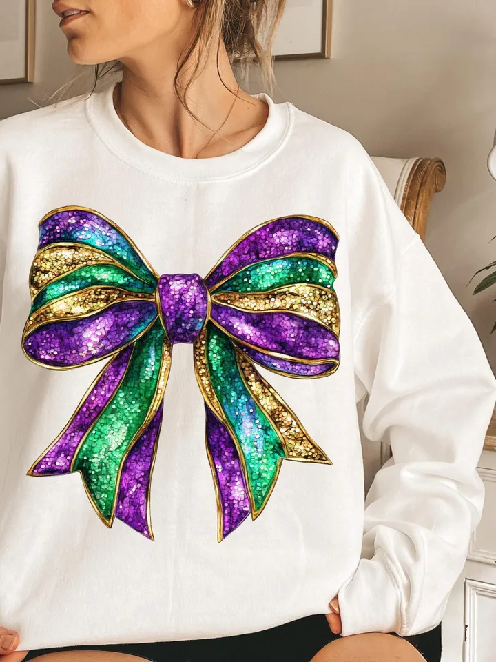 Mardi Gras Bow Sublimation PNG Coquette Bow Mardi Gras Shirt Mardi Beads Louisiana Festival Shirt New Orleans Carnival Glitter Bow Shirt