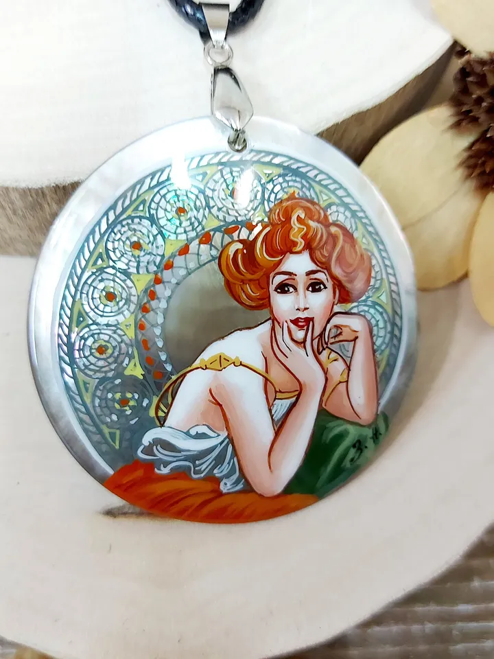 Pendant Alphonse Mucha Dream. Mother-of-pearl Hand-painted Russian jewelry magic of painting fine art jewelry Art gift Fedoskino Collectible