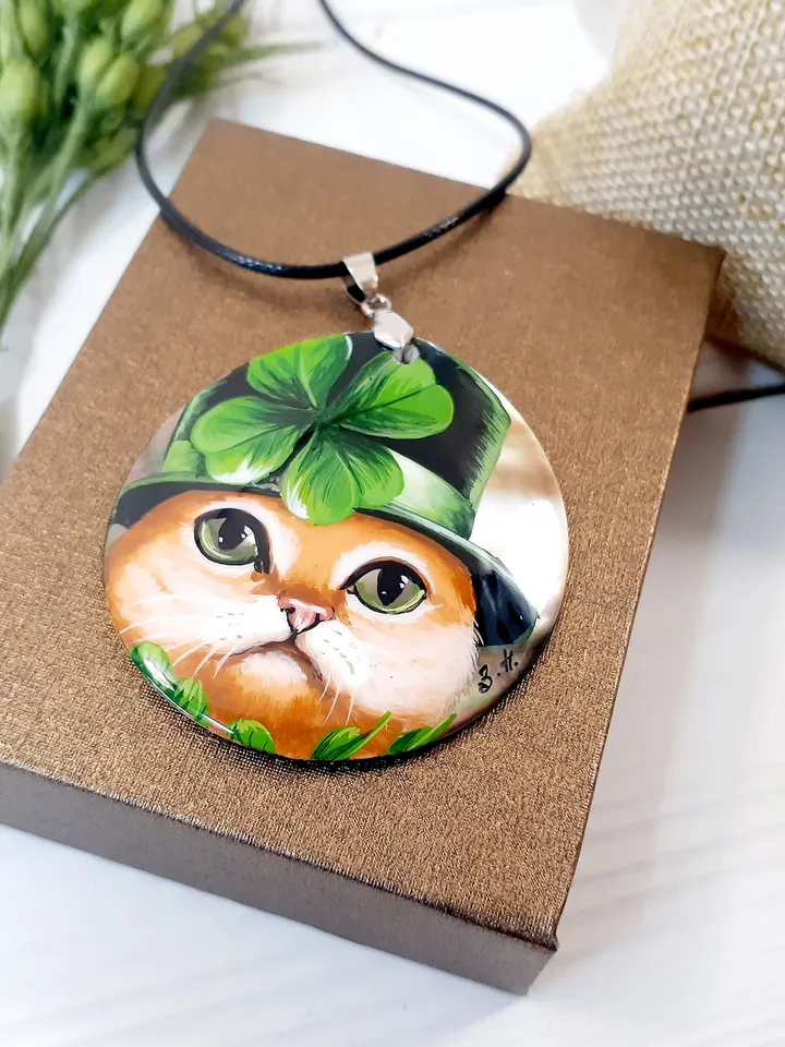 Pearl pendant necklace: Red Cat in the Hat. St Patrick's Day jewelry handmade for luck. Cute funny pendant with cat. Elegant dainty pendant