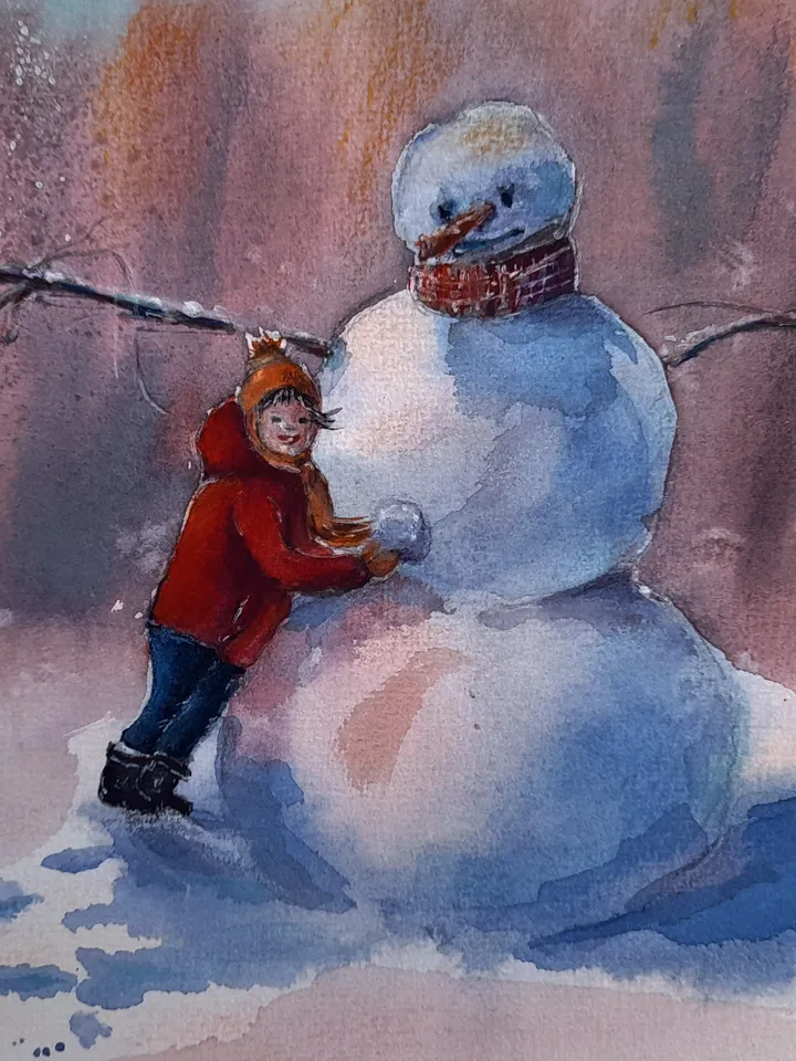 Watercolor painting. My friend the snowman. The Winter Fun series 21x30cm (8.3х11,7inches)