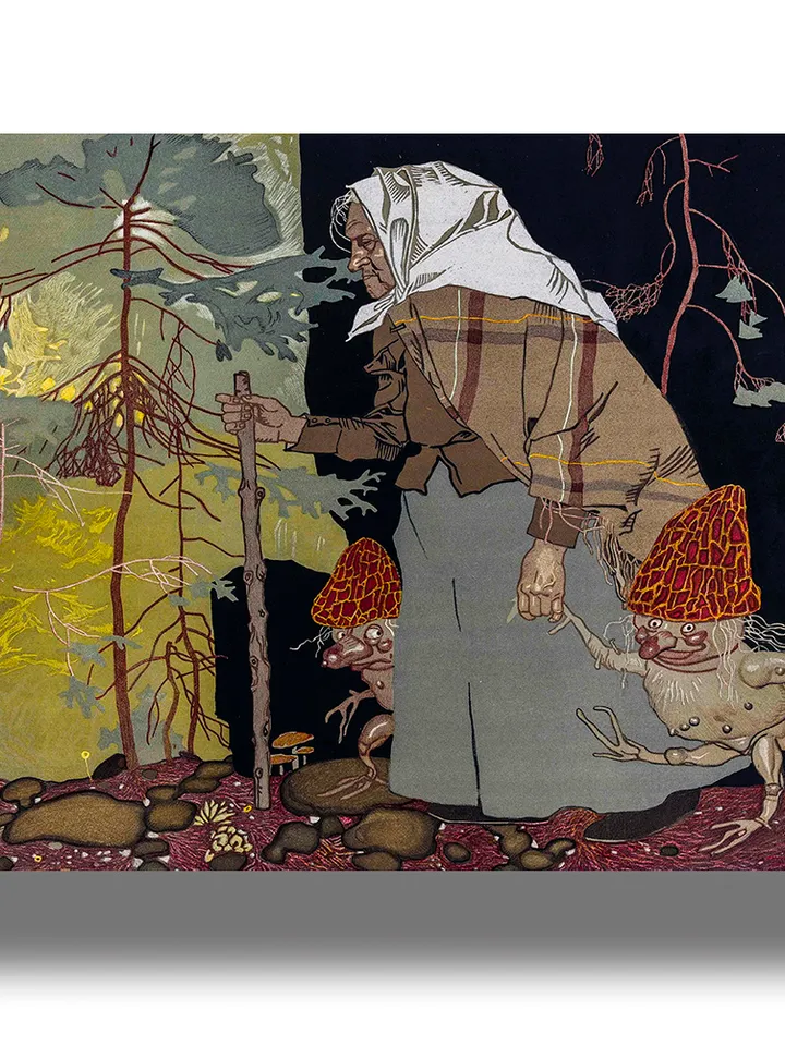 Forest witch with fly agaric demons.