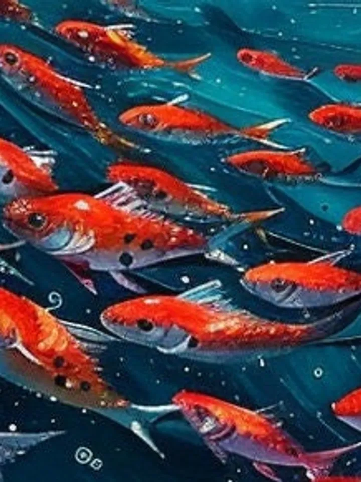 Original School of Fish Oil Painting On Canvas, Abstract Blue Underwater World Art, Ocean Painting, Living Room Wall Art, Custom Painting