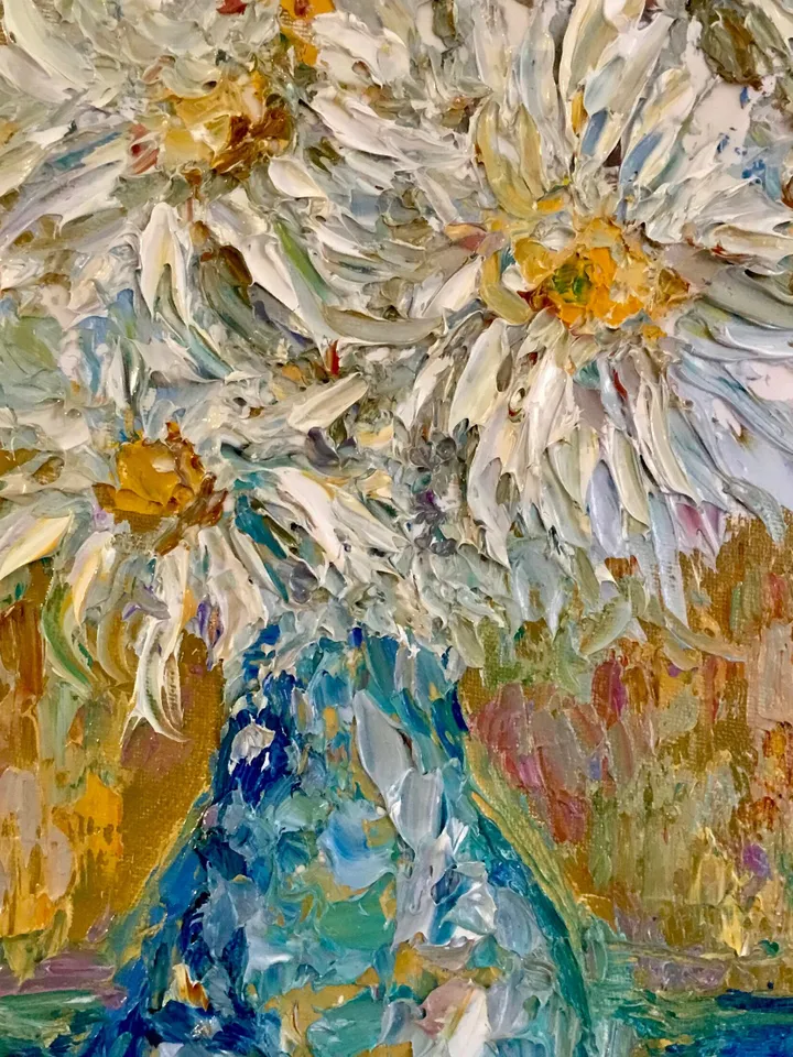 Daisies original oil impasto style painting,flowers in a vase oil painting,one of a kind original painting on 3 d canvas,flowers wall art