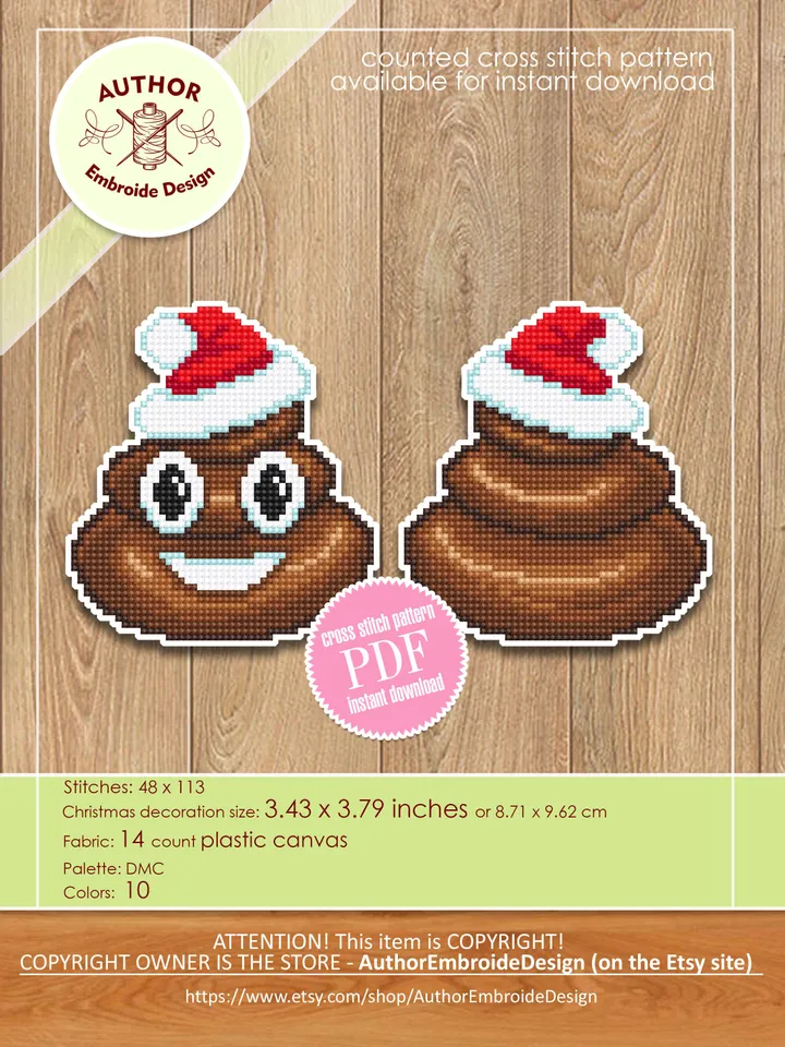 Christmas poop emoji cross stitch pattern PDF download Double-sided Christmas tree decor for plastic canvas, Funny Christmas pattern #N117