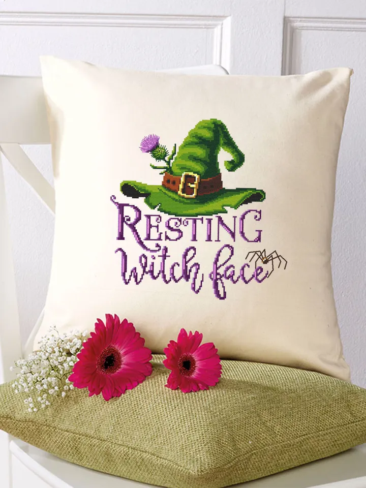 Resting witch face cross stitch pattern download PDF, Halloween witch cross stitch chart, Cute Halloween pattern digital PDF Home decor #H46