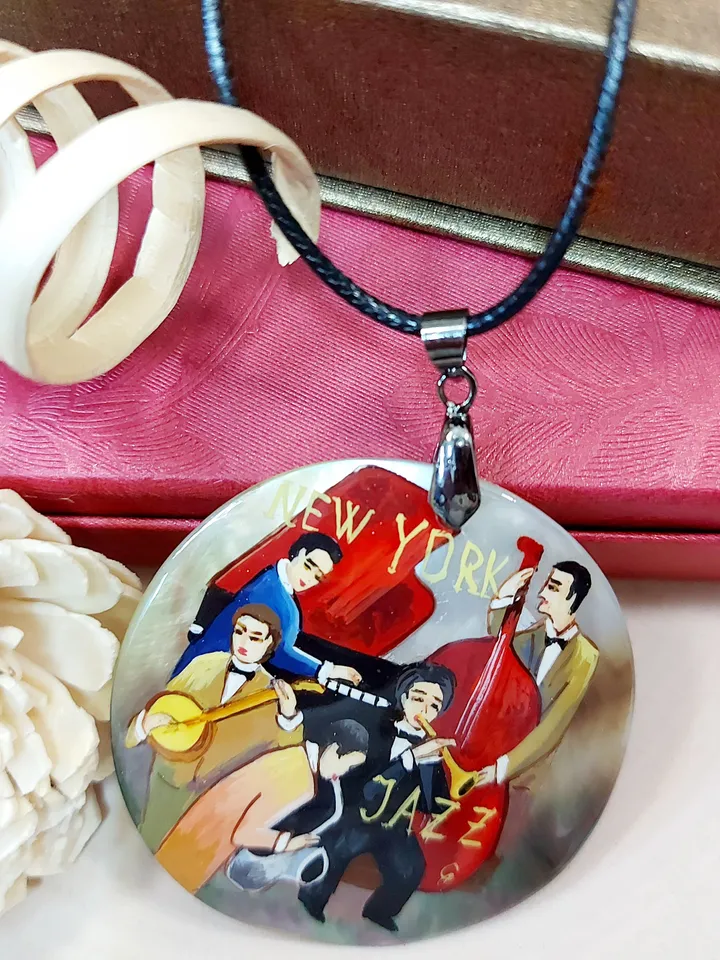 Necklace "Jazz". Mother-of-pearl Russian hand-painted. Hand paint necklace pendant. MOP.Hand painted miniature painting