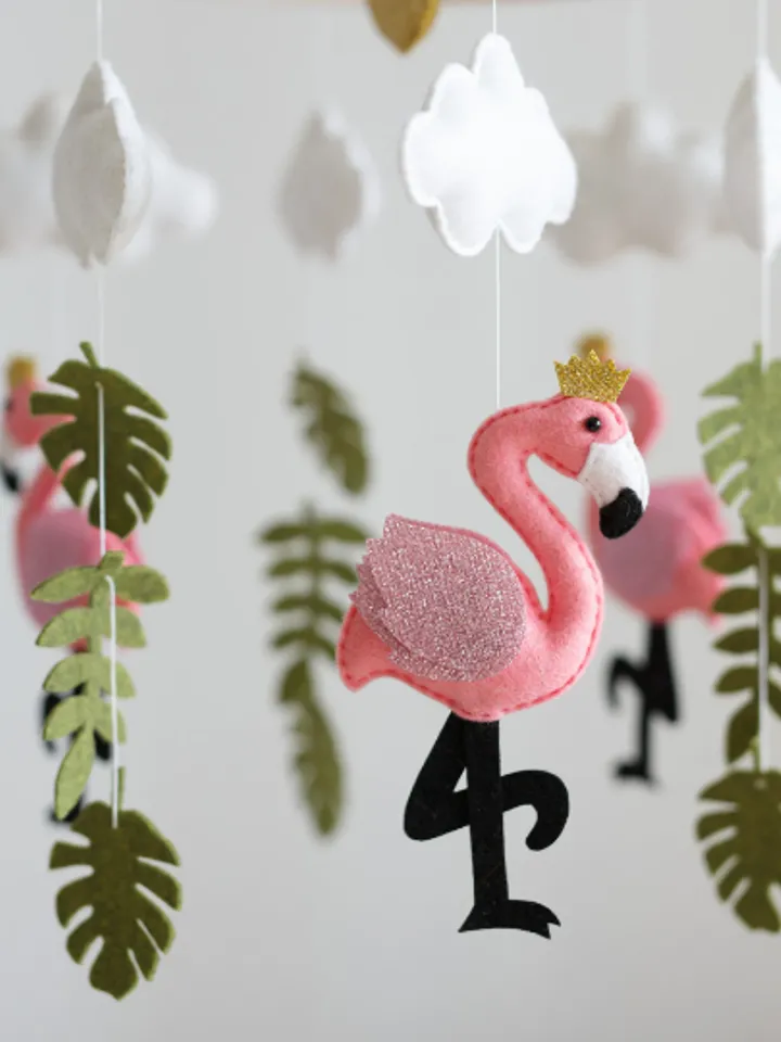 Handcrafted Flamingo and Safari Themed Felt Baby Mobile - Customizable Nursery Decor