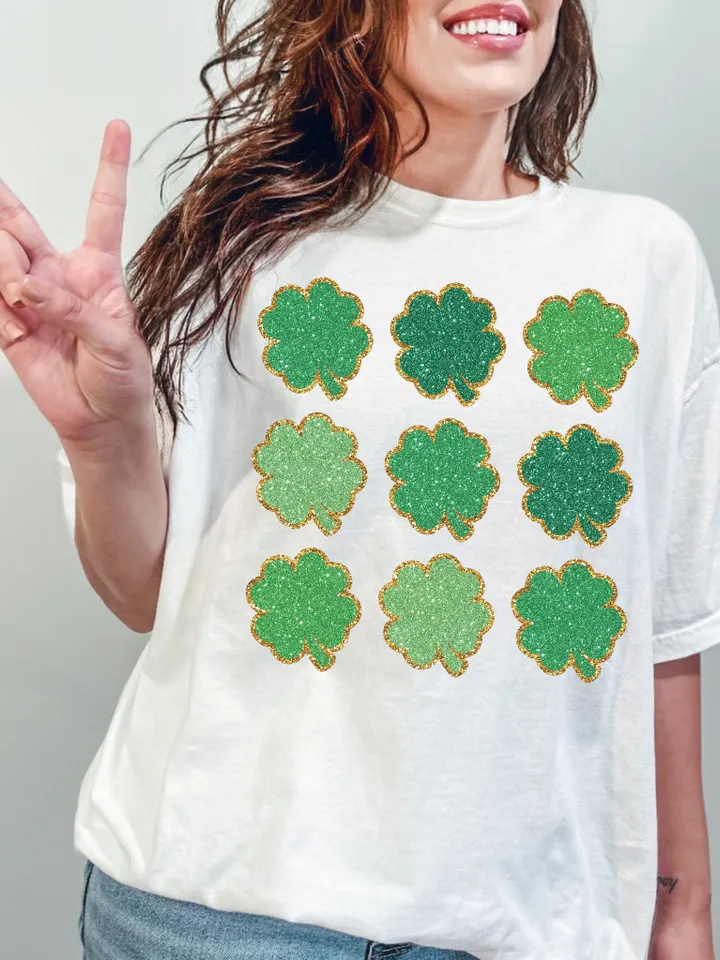 Faux Sequin Clovers PNG St. Patrick's Day PNG St Patty's Shirt Design Faux Glitter Png Green Lucky Clover Sublimation, Trendy St Patrick's