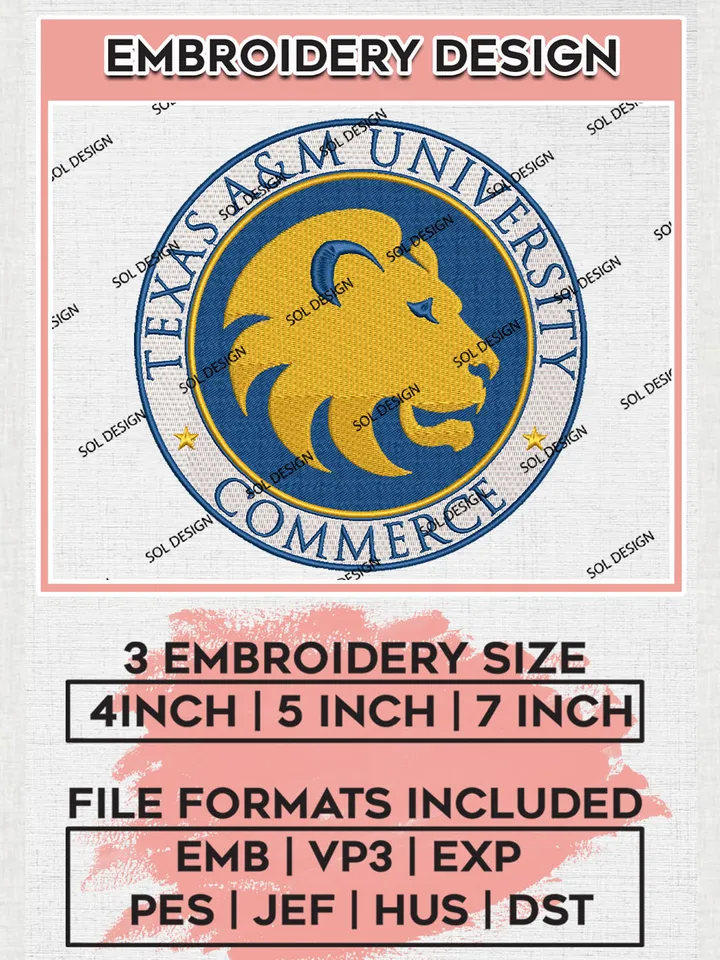 NCAA Texas A&M Commerce Lions Team Round Logo Embroidery Design Files, NCAA Texas A&M Commerce Lions Machine Embroidery, NCAA Teams, Game Day, 3 sizes, NCAA Machine embroidery designs, Digital Download