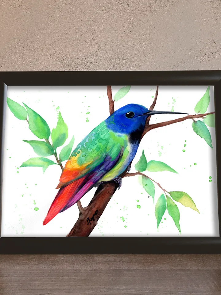 Colorful Hummingbird original watercolor, bird on the branch painting, colibri portrait wall decor, 8x11 in room art for bird lovers by Anne Gorywine