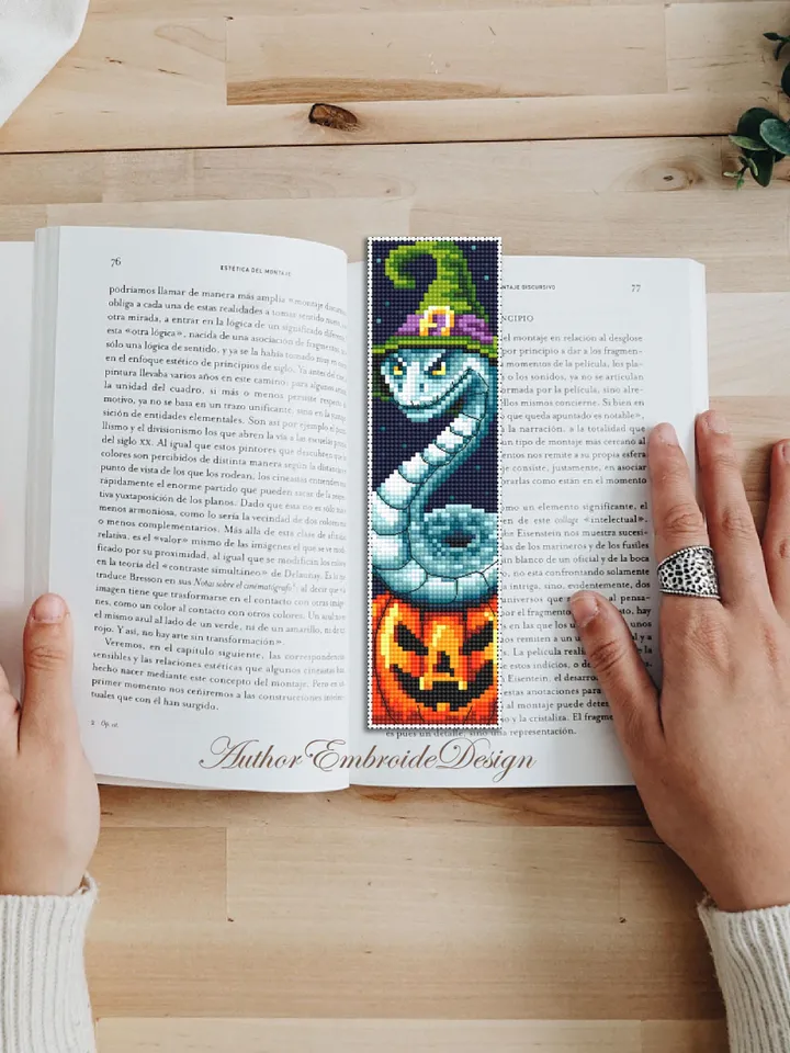 Halloween bookmark cross stitch pattern PDF download Snake witch cross stitch chart, Spooky bookmark pattern digital PDF, Pumpkin #B361