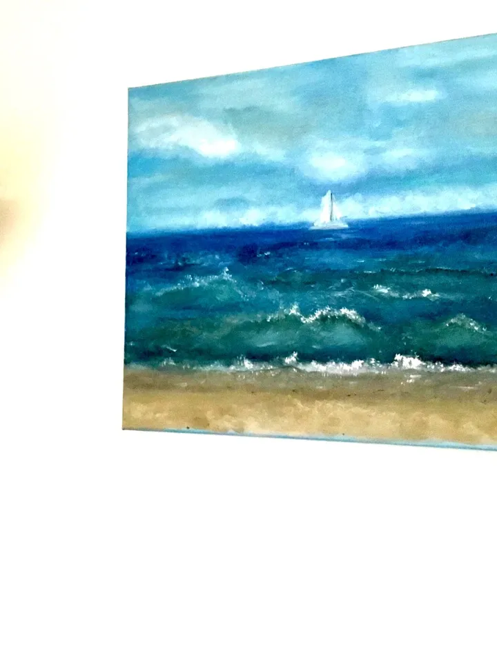 Seascape with a boat painting,Baltic sea and a beach,oil painting,stretched canvas.