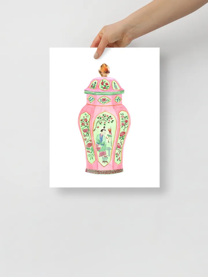 Pink Chinoiserie Ginger Jar Vase Set Of 2 Vintage Living room Wall Art Pagoda Porcelain Vases Apartment Art Print Living Room Wall Art Print