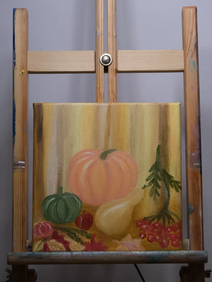 Oil Painting Autumn Still Life with Pumpkins Pumpkins Food Kitchen Art Stretched Canvas 20x20cm 8x8 inch Wall Decor Halloween Gift