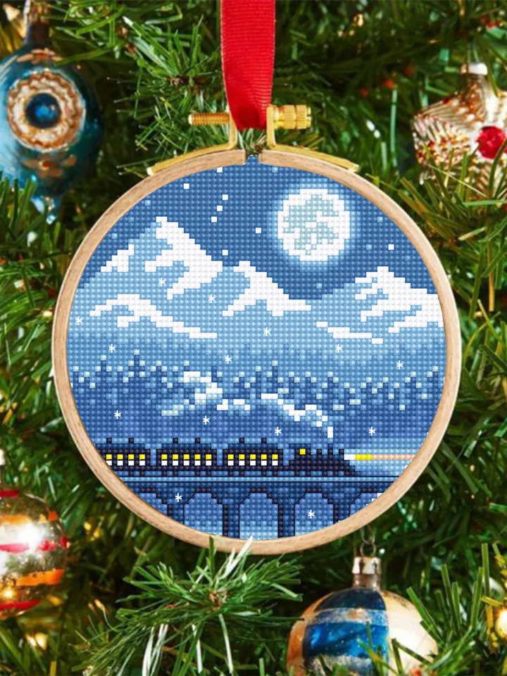 Winter mountain landscape cross stitch pattern PDF download Night train cross stitch Small pattern digital PDF Old train bridge viaduct #L93