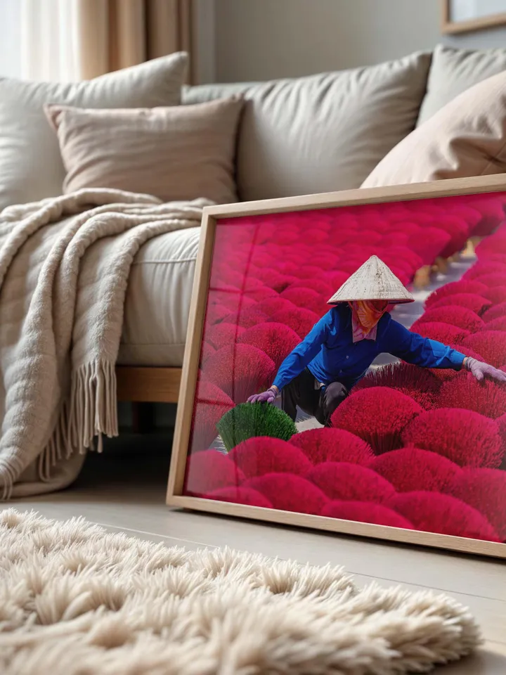 Vietnam Culture Poster | Vibrant Pink Wall Decor | Asian Travel Print | Exotic Home Art | Vietnamese Traditional Life Print | Incense Sticks