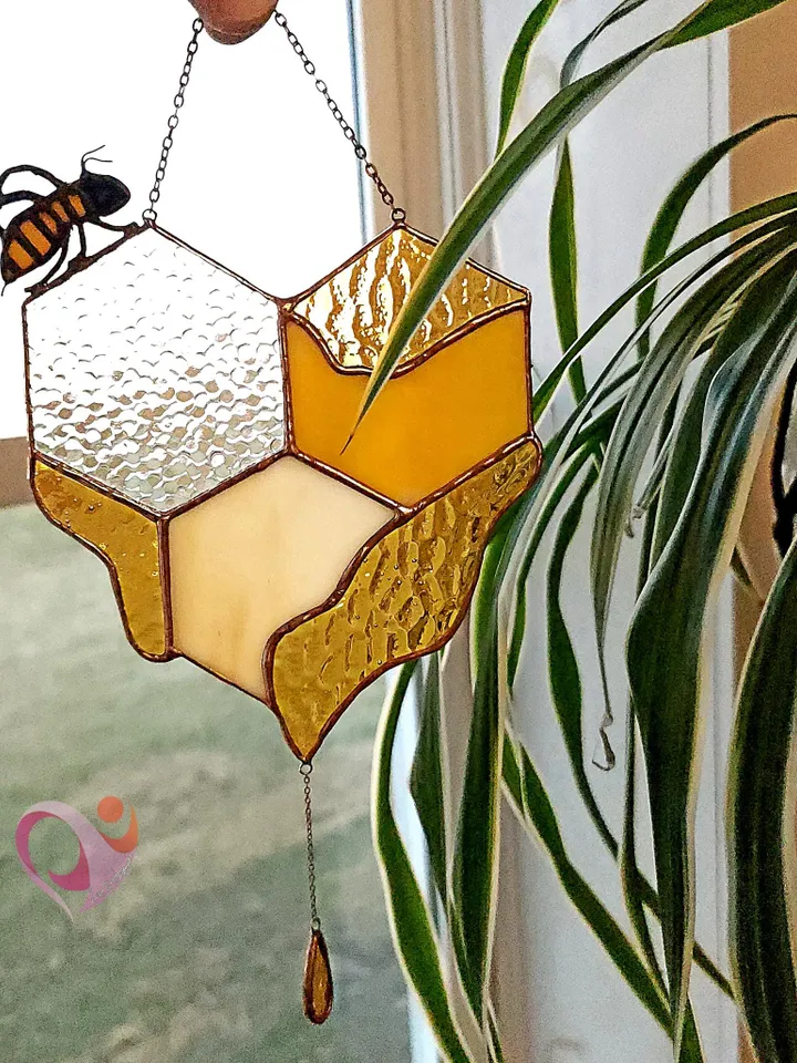 Real Stained Glass Honeycomb Suncatcher with Bee on Heart-Shaped Drippy Honeycomb with Glass Honey Drop Unique Gift for Bee Lover