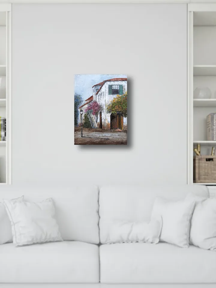 Oil Painting Old Houses, South Street, White House, Flowering Bush, Original Painting Reproduction 16x12 inches.
