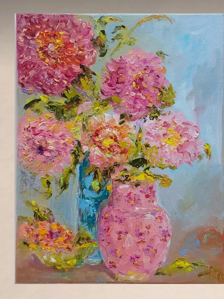 Oil painting on canvas 30x40cm (12x16inch) "Still life with dahlias and chrysanthemums"