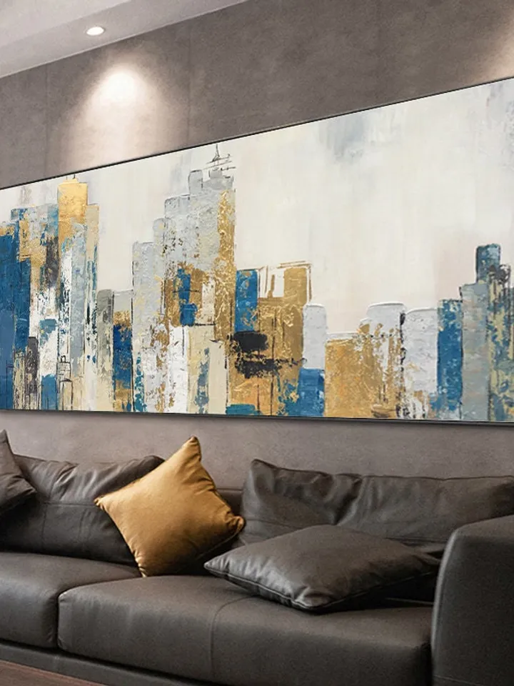 Original Cityscape Oil Painting on Canvas, Large Abstract Gold Leaf City Landscape Acrylic Painting, Modern Blue Living Room Wall Art Decor