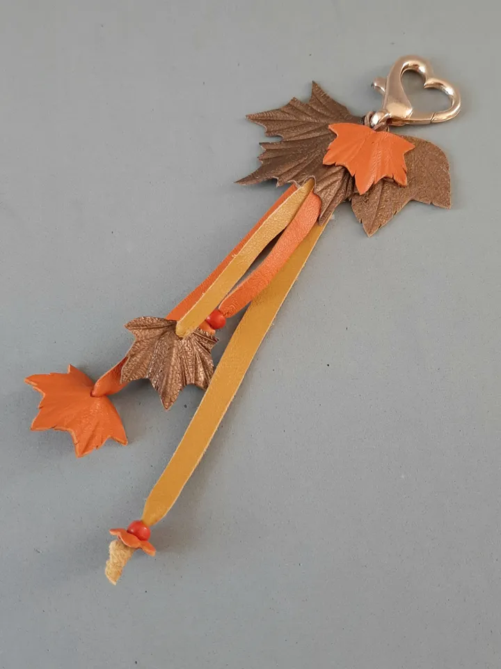 Orange maple Leaf Keychain Leather tassel charm Leather Pendant, art 11