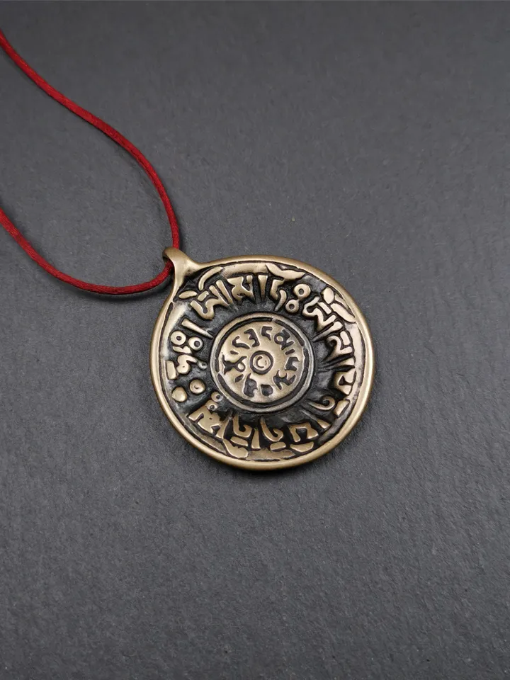 Gandhanra Vintage Tibetan Buddhist Amulet,Om Badge Pendant, Mantra of Om Mani Padme Hum, Made of Lima Brass,1.58&quot;