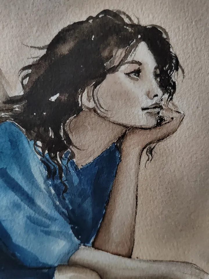 Girl with Guitar Artwork Original Watercolor Painting 8.27x 11.42 in by Art Café