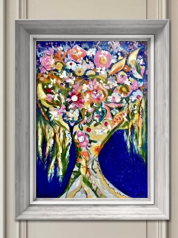 Del fondo de mi corazon, original oil mix media painting on large canvas,fantasy flowers painting,colourful wall hanging,unique gift.
