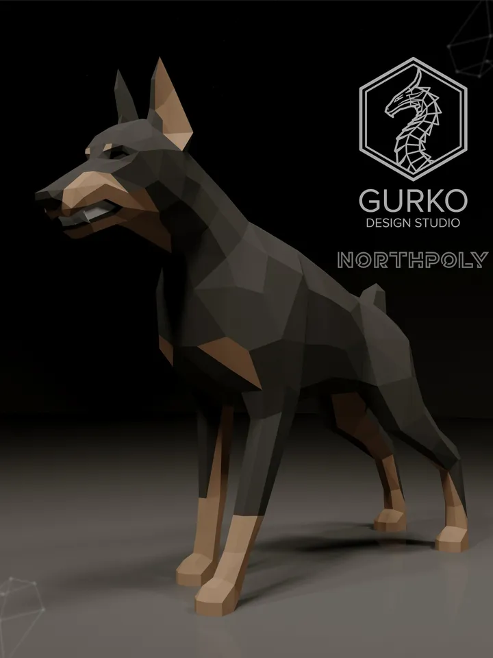 Angry Doberman Papercraft, Dog, Digital Template, PDF Download, Gurko, 3D Low Poly, Pepakura, Origami Sculpture, Paper Party Decor, DIY Gift