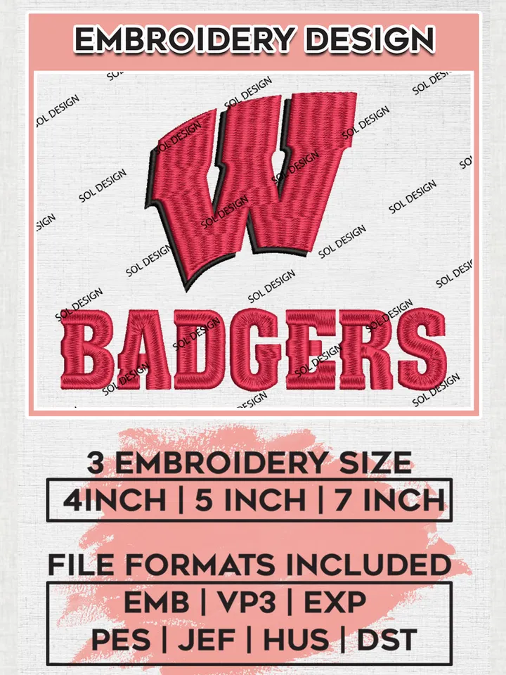 NCAA Badgers Team Letter Logo Embroidery Design Files, NCAA Wisconsin Badgers Machine Embroidery, NCAA Teams, 3 sizes, NCAA Machine embroidery designs, Digital Download