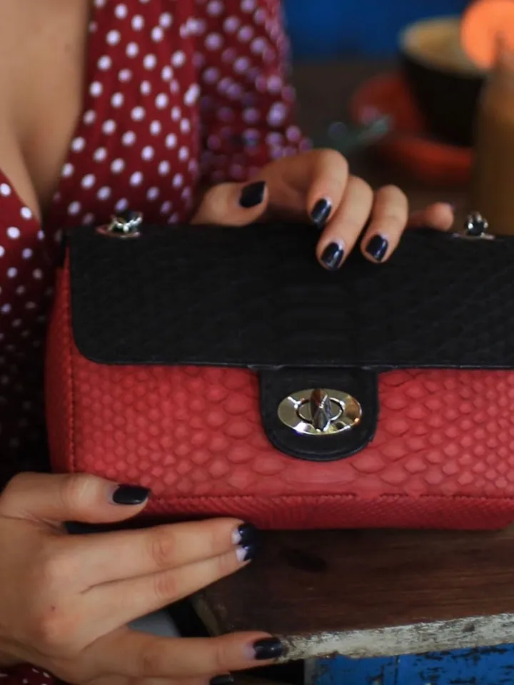 Genuine Python Skin black and red Crossbody Chain Bag | Bright Summer Bag | Elegant Women Bag | Chain Strap Crossbody Deep classy Purse |
