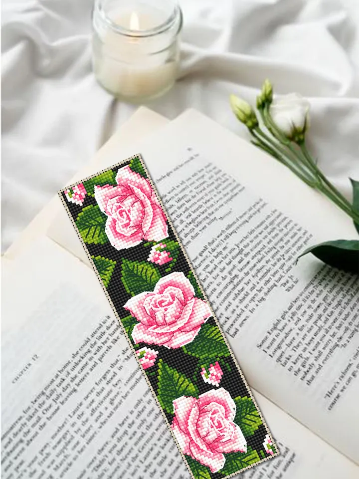 Flower bookmark cross stitch pattern PDF download Pink rose cross stitch chart, Handmade bookmark digital PDF, Cute bookmark for women #B211