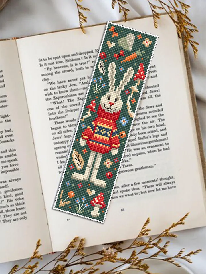 Animal bookmark cross stitch pattern PDF download Scandinavian folk rabbit cross stitch chart, Autumn bookmark pattern digital PDF #B428