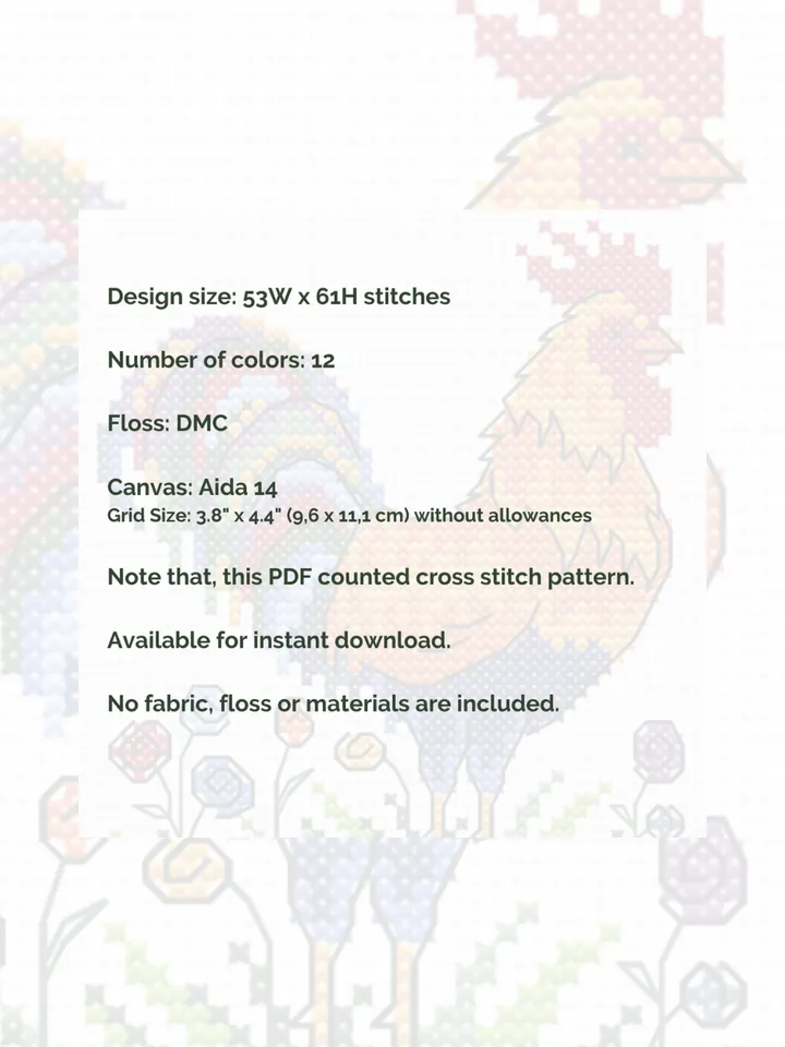 Cross stitch pattern Rooster, digital cross stitch chart PDF