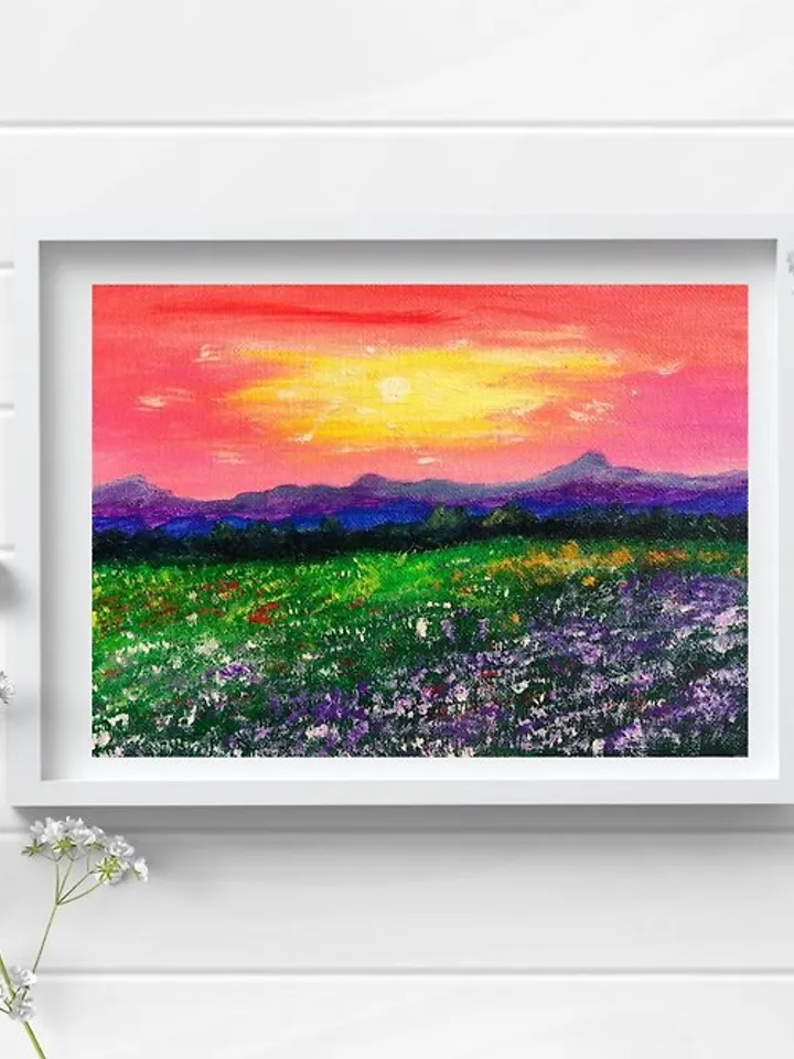 Landscape Original Acrylic Painting Image of mountains and wildflowers Small art