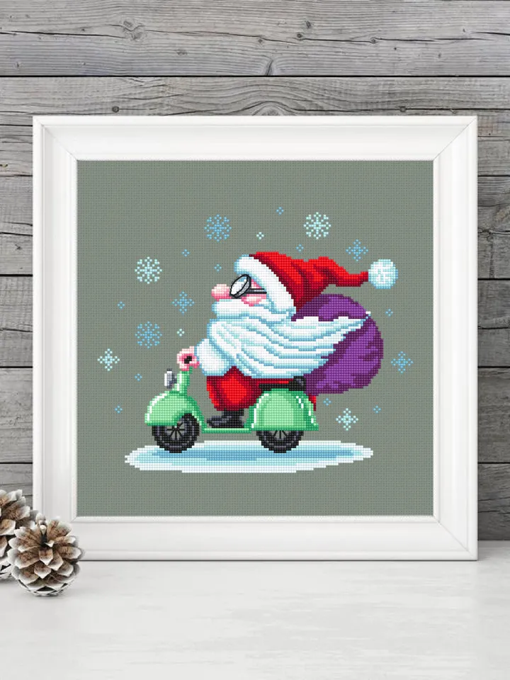 Funny Christmas santa cross stitch pattern download PDF, Santa Claus cross stitch chart, Winter holiday embroidery, Santa on motorbike #N65